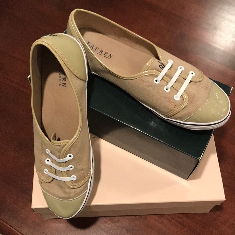 Ralph Lauren Khaki Canvas/Patent Slip-on Sneakers